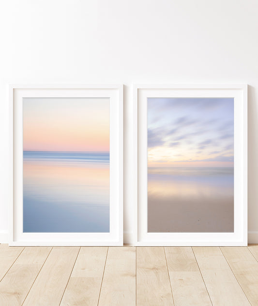 set of 2 neutral abstract, minimal print, sunrise beach photographs by Wright and Roam