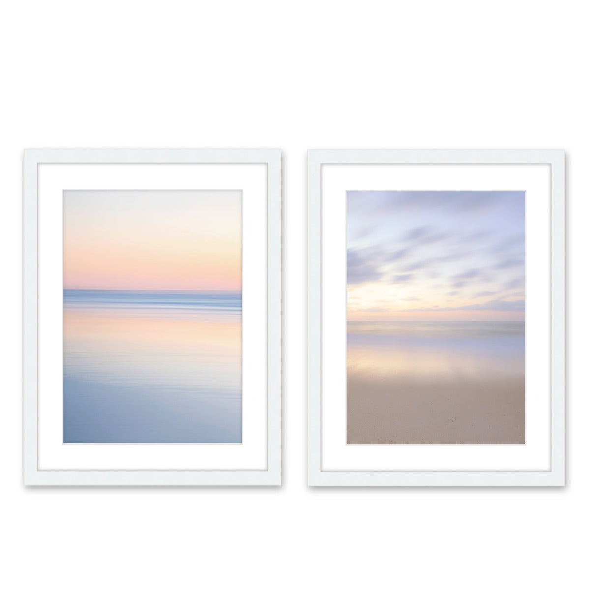 set of 2 abstract, minimal print, beach photographs, white wood frame by Wright and Roam