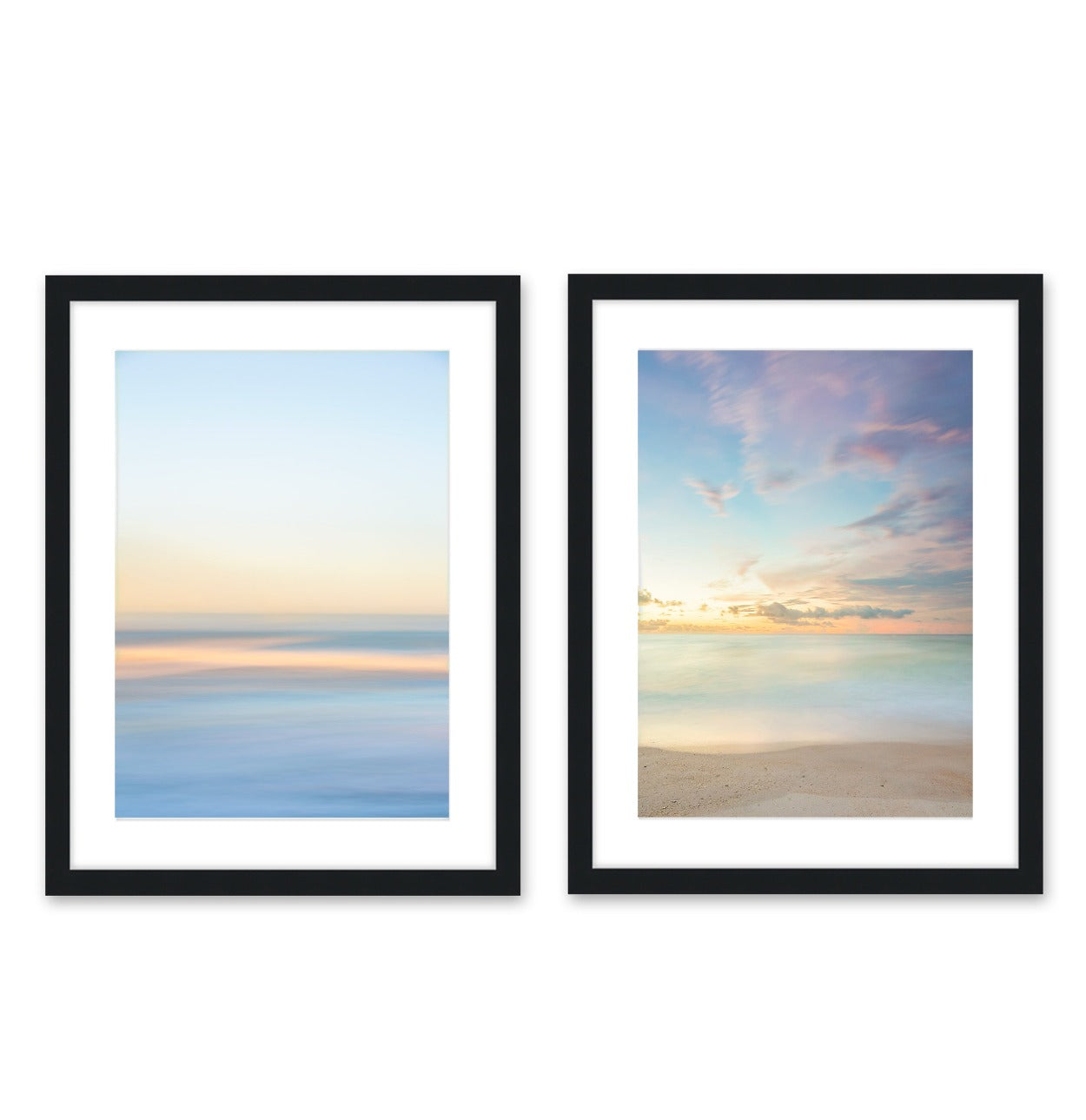 pastel abstract, minimal print, set of 2 sunrise beach prints, black wood frame