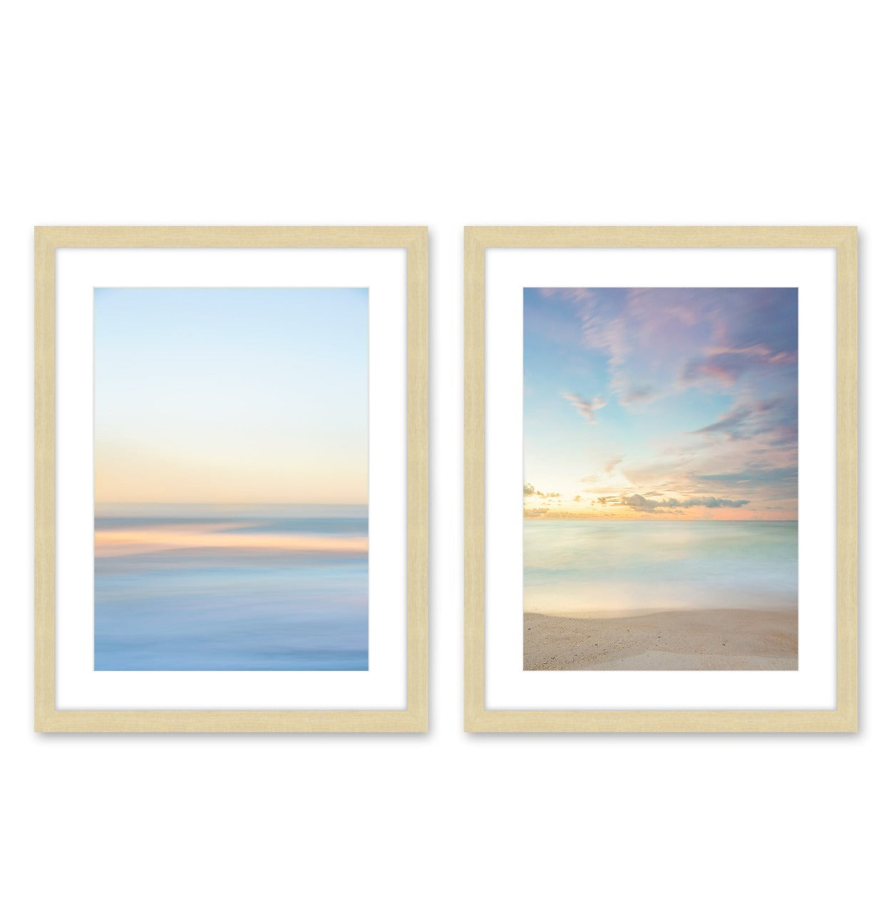 pastel abstract  minimal print, set of 2 sunrise beach prints, natural wood frame