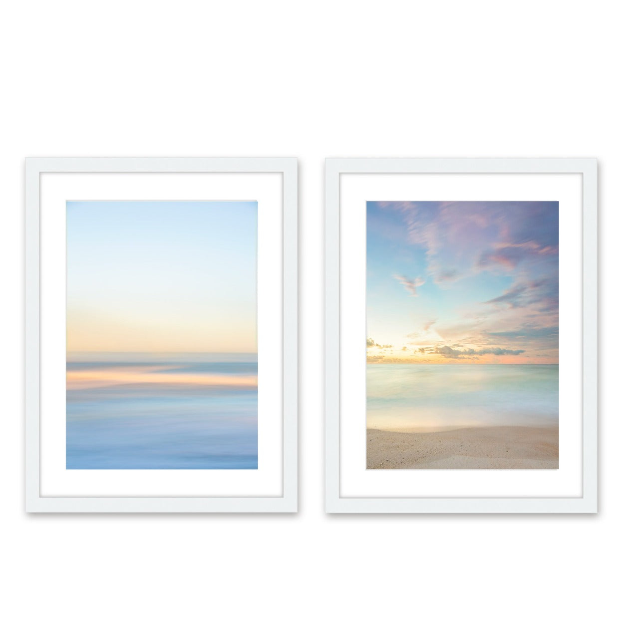 pastel abstract, minimal print, set of 2 sunrise beach prints, white wood frame