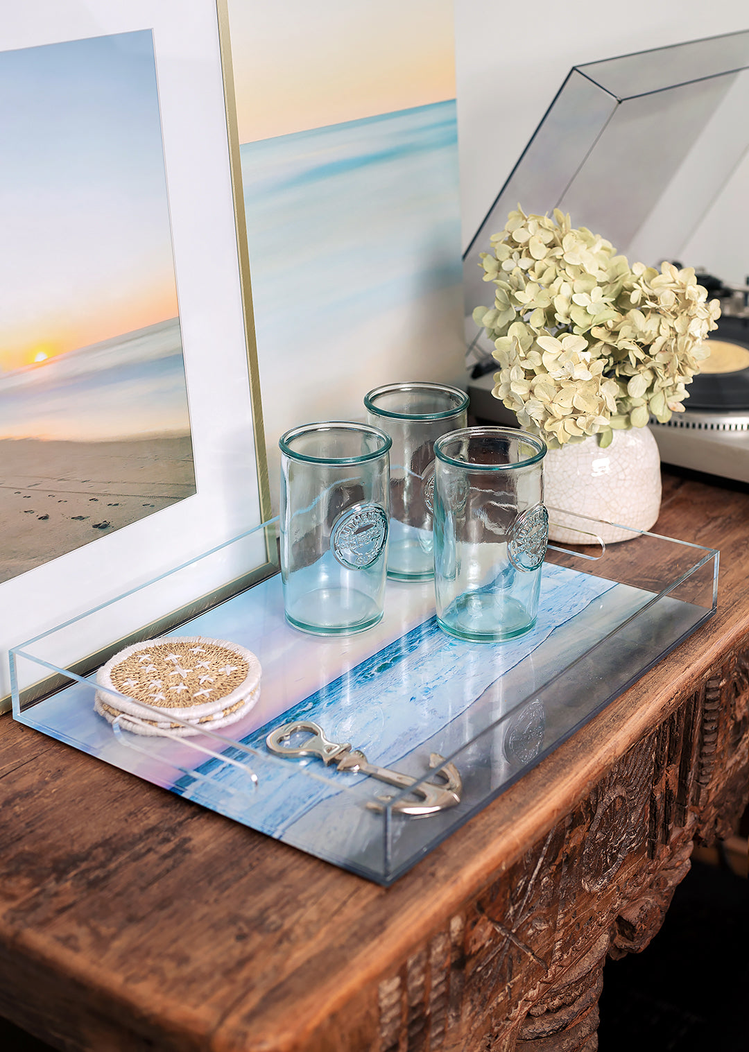 blue ocean acrylic serving tray with glasses on buffet table