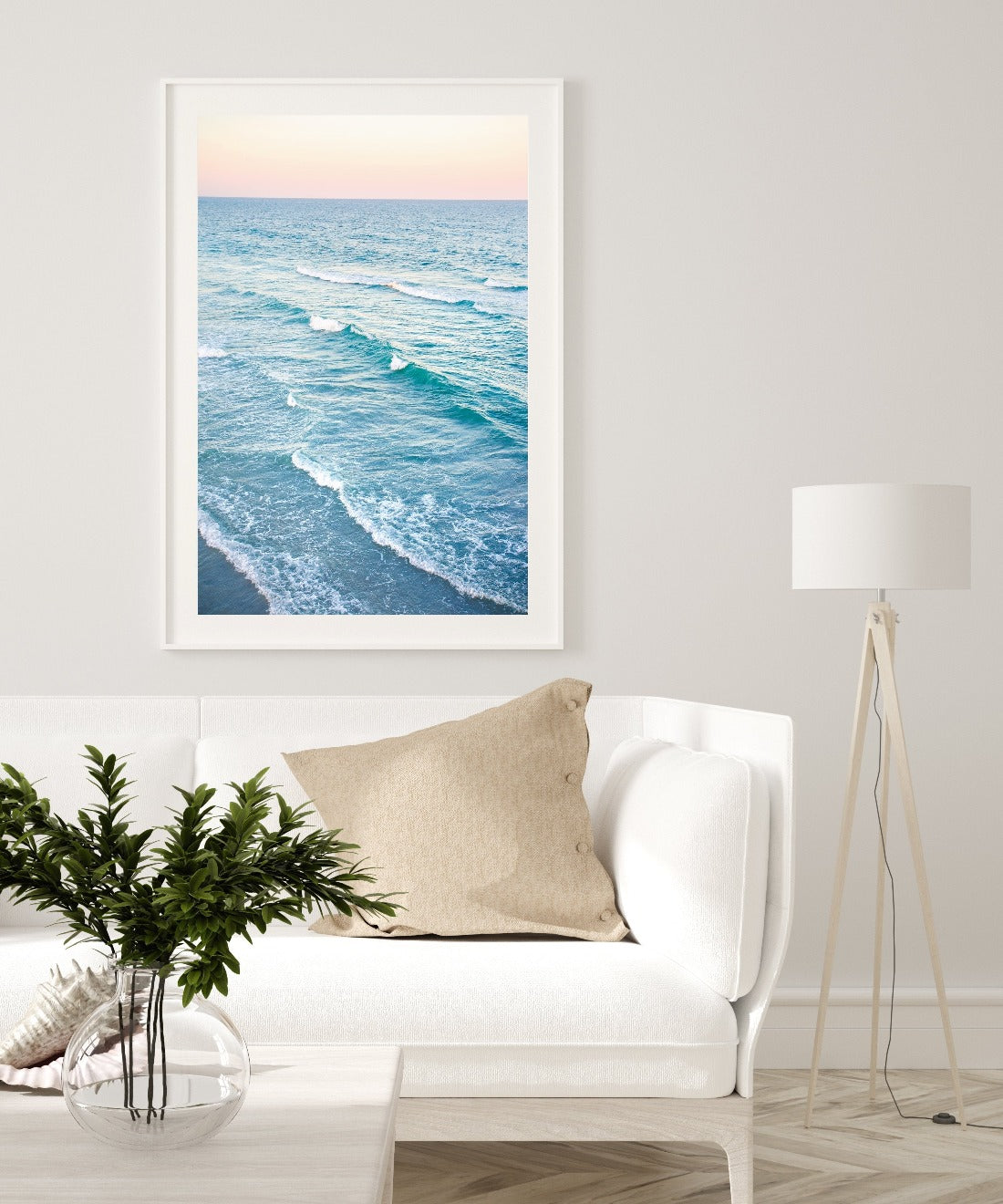 neutral coastal decor, blue beach photograph white frame