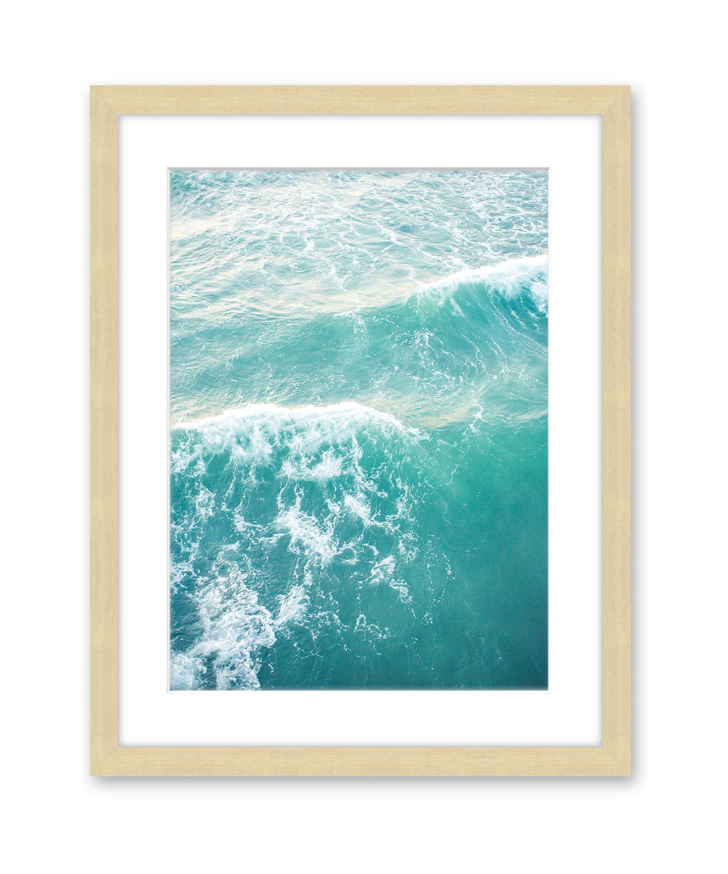 aqua blue ocean waves aerial photograph, natural wood frame, by Wright and Roam