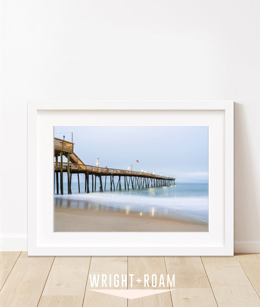 outer banks, avalon pier photograph, blue beach wall art by wright and roam