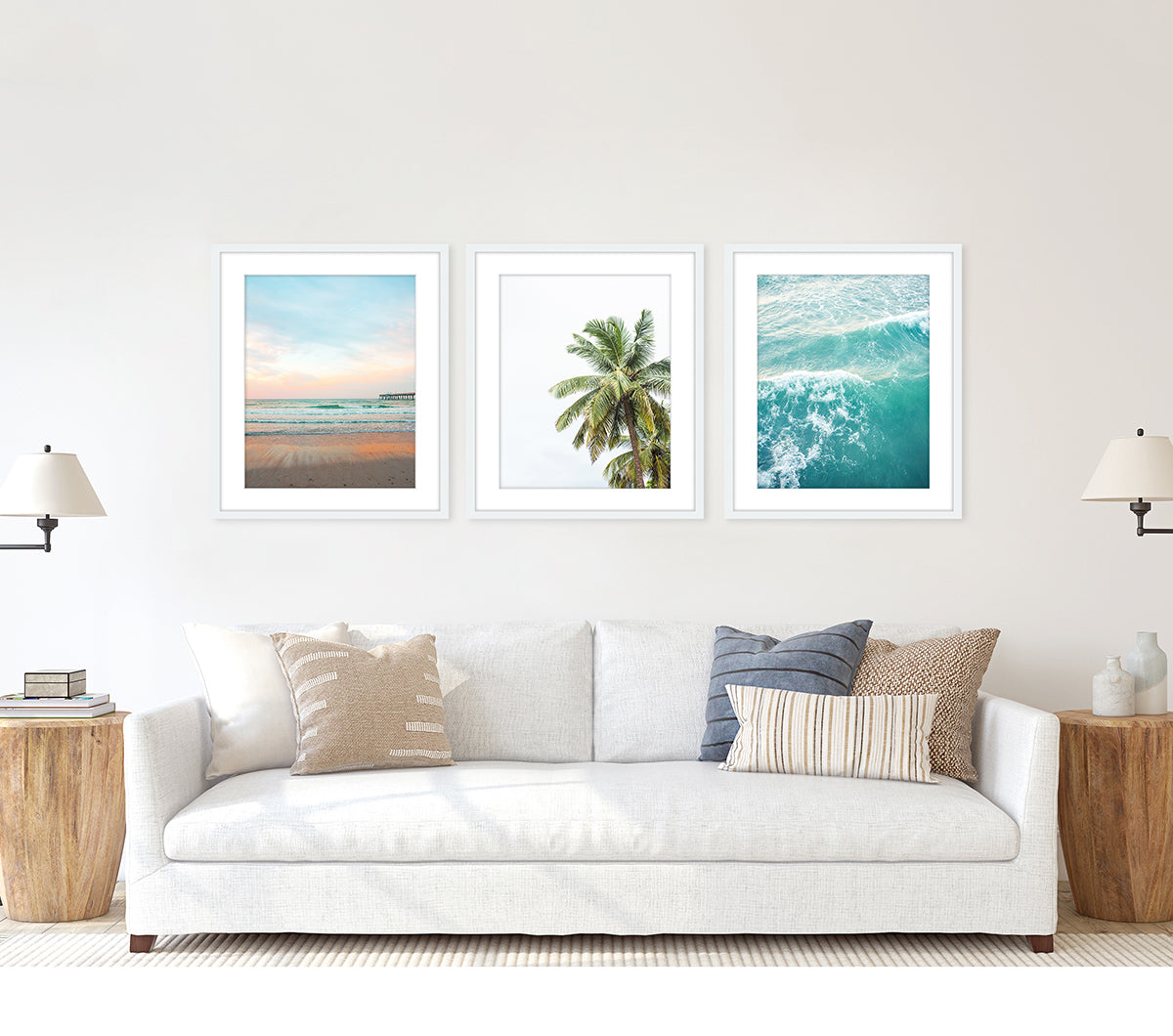 coastal living room decor, set of 3 blue beach art prints by Wright and Roam