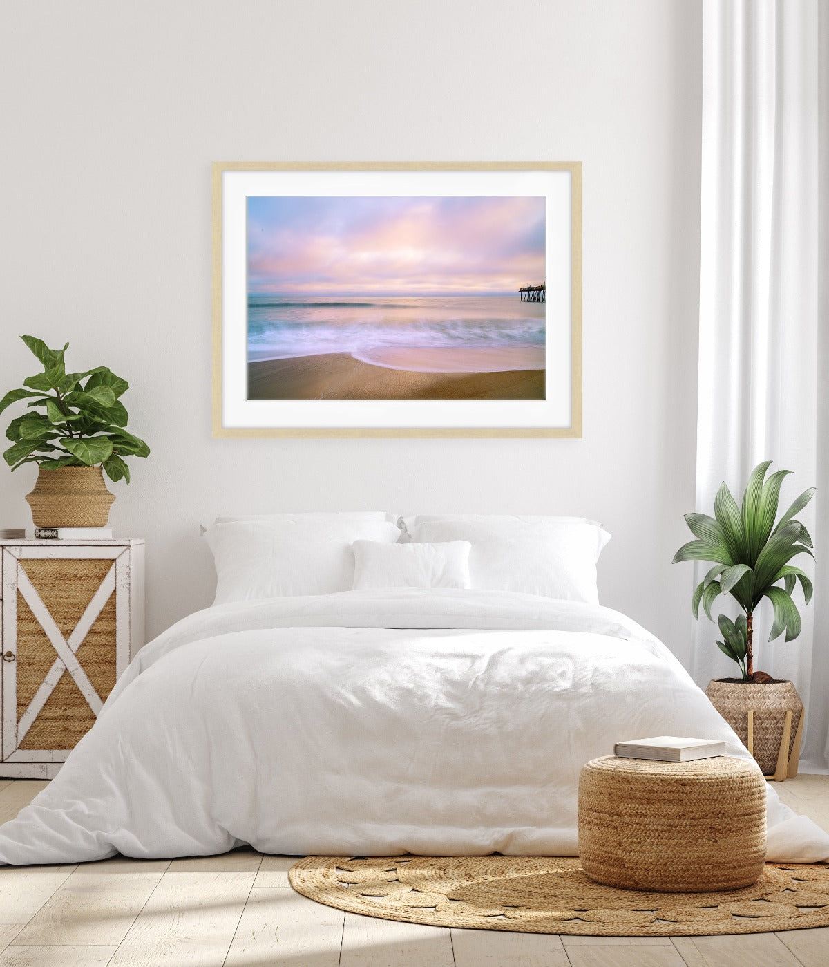 coastal bedroom decor, framed sunrise beach wall art photograph by Wright and Roam