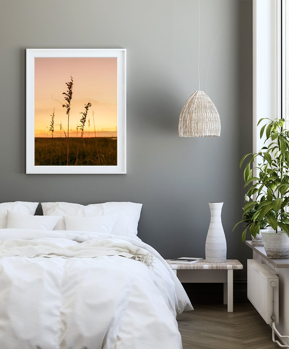 Modern Coastal Bedroom Decor, Sunset Seagrass Beach Photograph by Wright and Roam