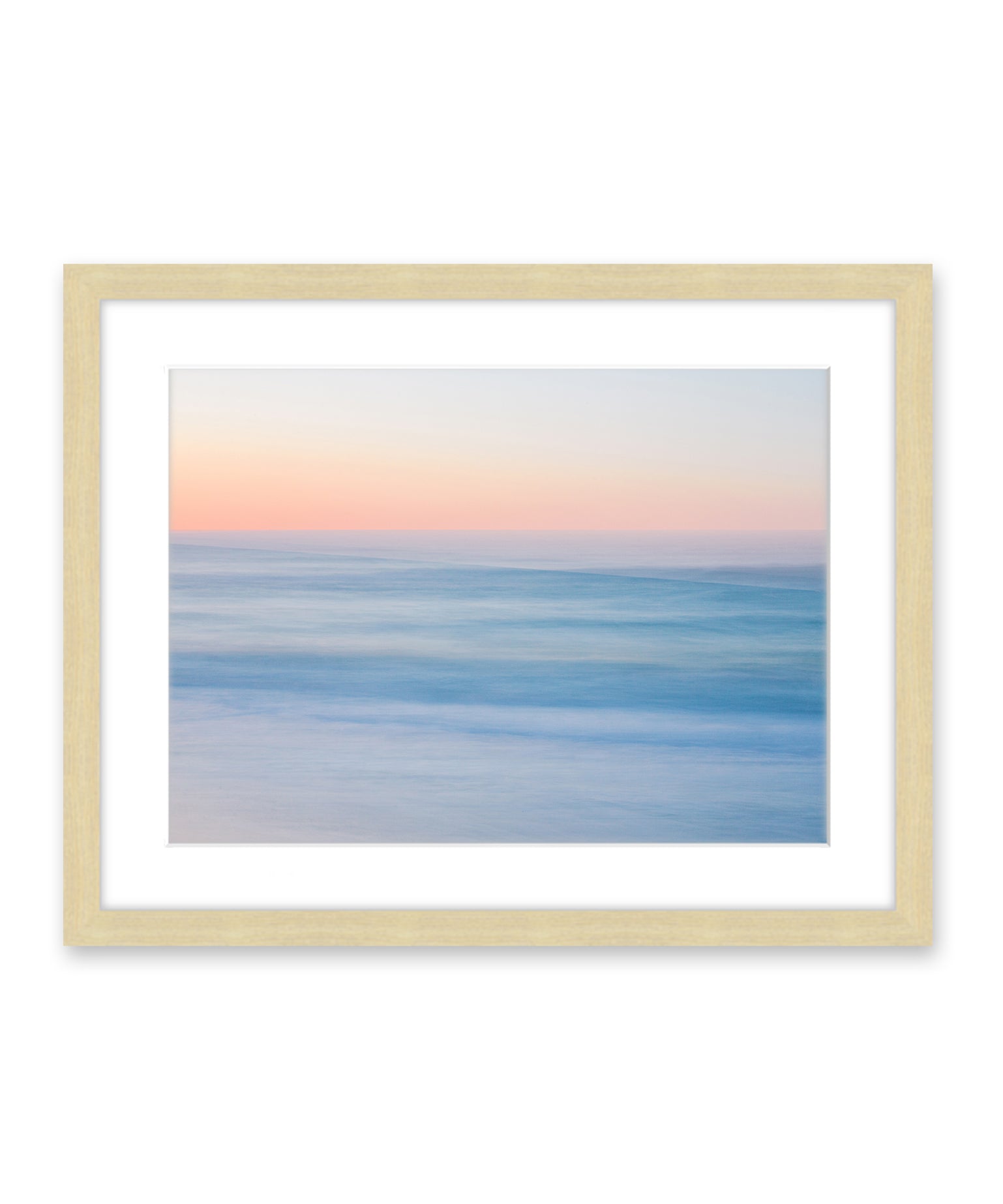 blue abstract minimal sunrise beach photograph, natural wood frame by Wright and Roam