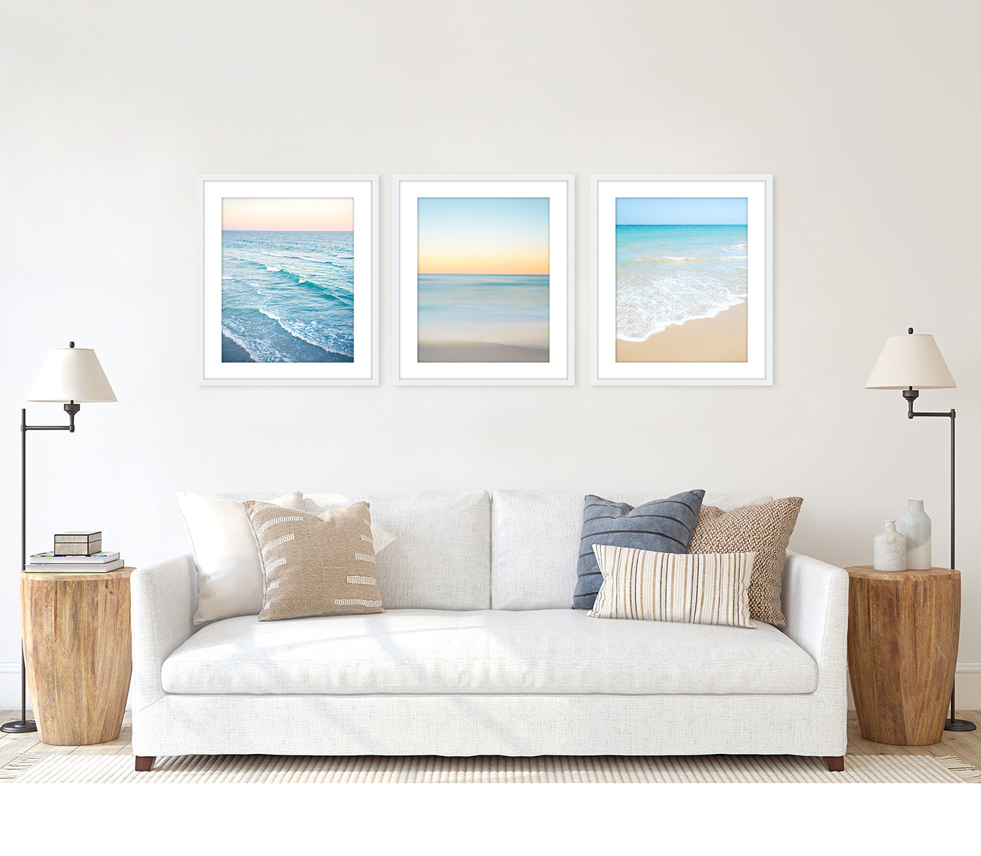 coastal living room decor, set of 3 blue and yellow beach photographs