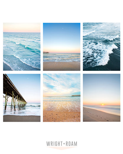 gallery wall set of six blue beach photographs, Wright and Roam