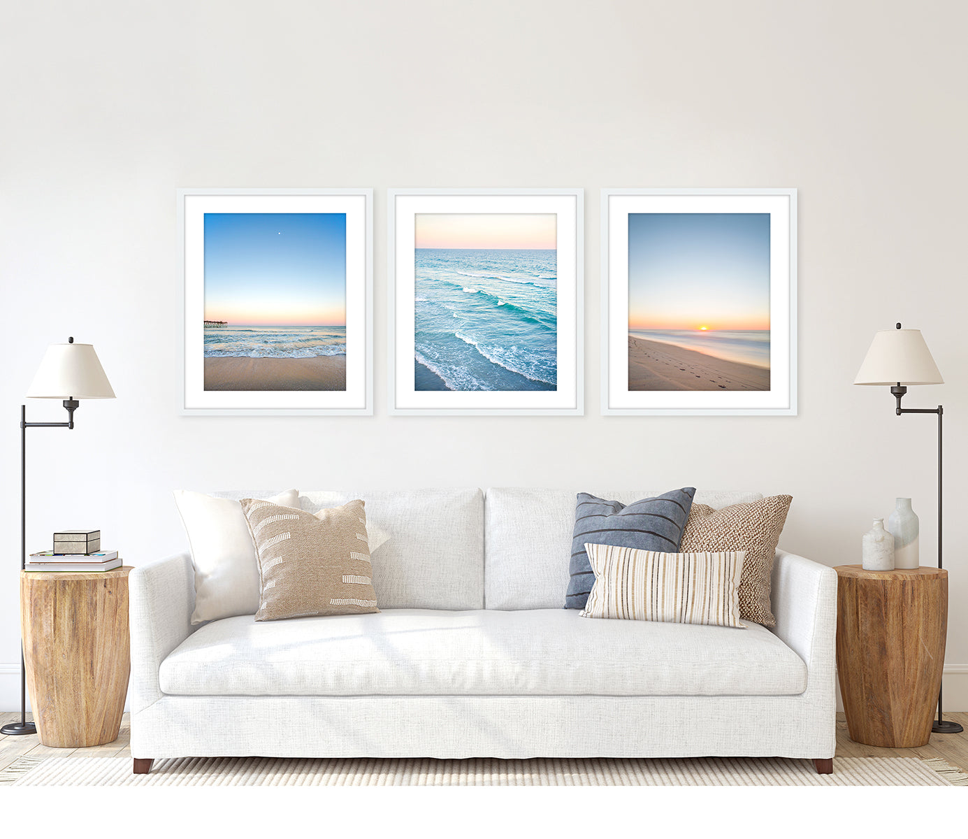 coastal living room decor, set of 3 pastel calming blue ocean photographs