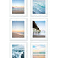 set of six blue beach photographs, White wood frame, by Wright and Roam