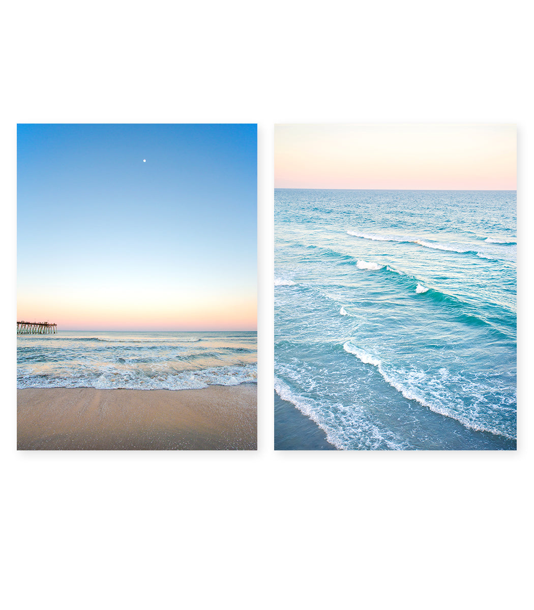 Set of 2 Sunset Blue Beach Photographs, Wright and Roam