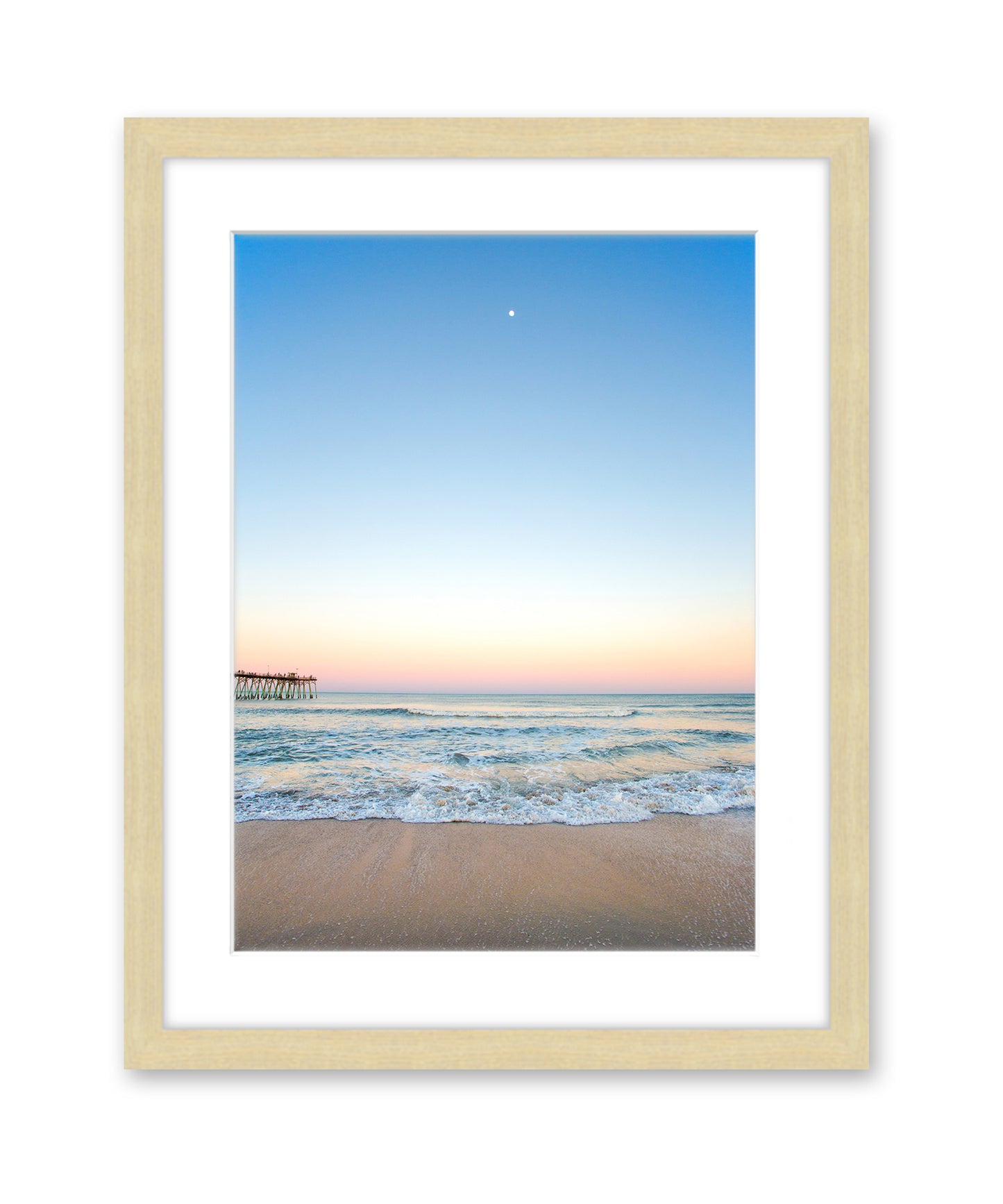 Blue Beach Photograph Sunset, Natural Wood Frame, Wright and Roam