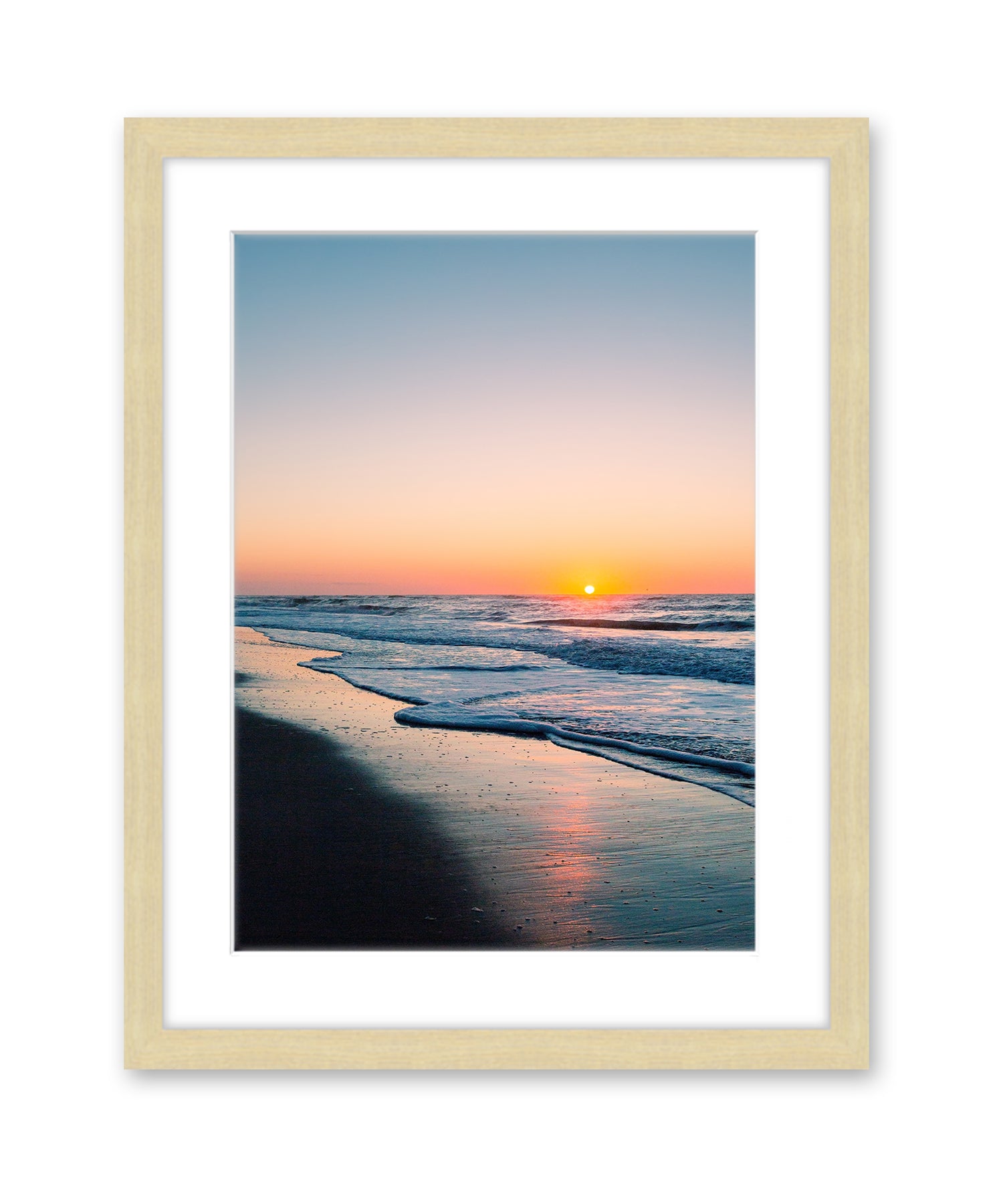 blue sunrise beach photograph natural wood frame by Wright and Roam