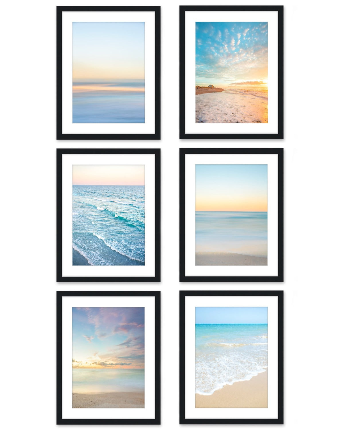set of 6, tropical sunset beach prints, black wood frame, by Wright and Roam