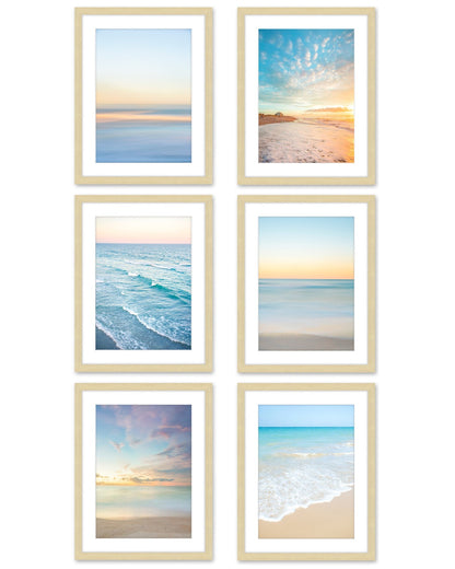 set of 6, tropical sunset beach prints, natural wood frame, by Wright and Roam