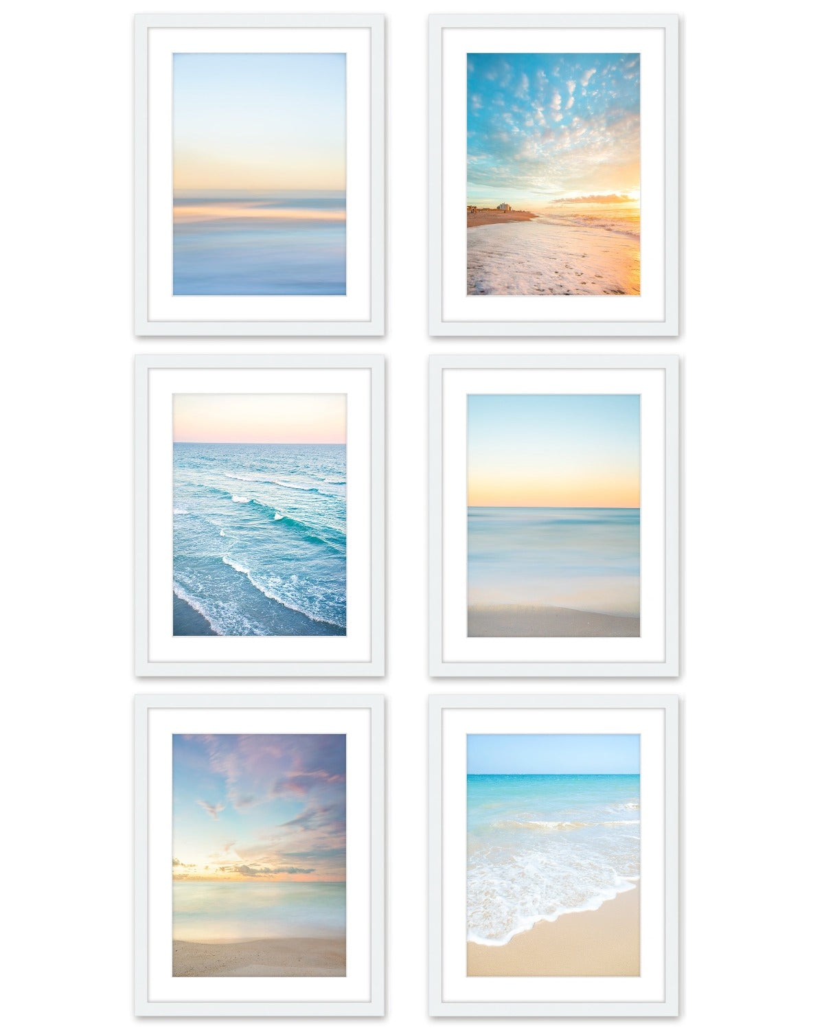 set of 6, tropical sunset beach prints, white wood frame, by Wright and Roam