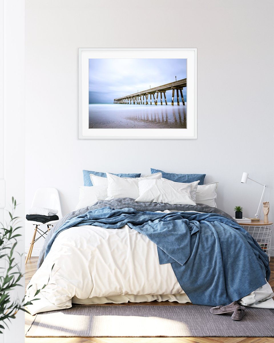 Blue Bedroom Decor, Blue Pier Beach Photograph by Wright and Roam
