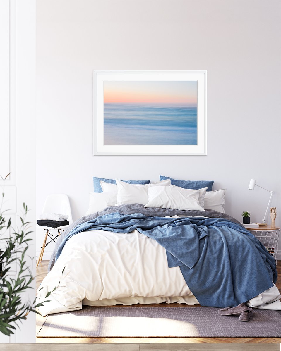 blue bedroom decor featuring blue abstract sunset beach photograph by Wright and Roam