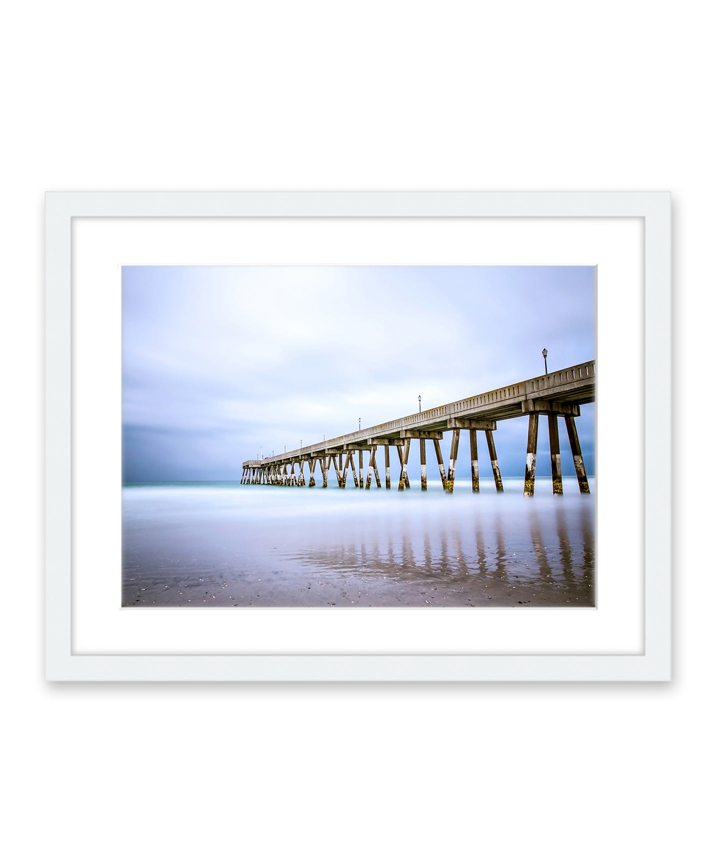 blue Johnny mercer pier Wrightsville beach photograph, white wood frame, by Wright and Roam