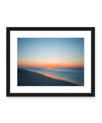 deep blue sunrise beach photograph, black wood frame, by Wright and Roam