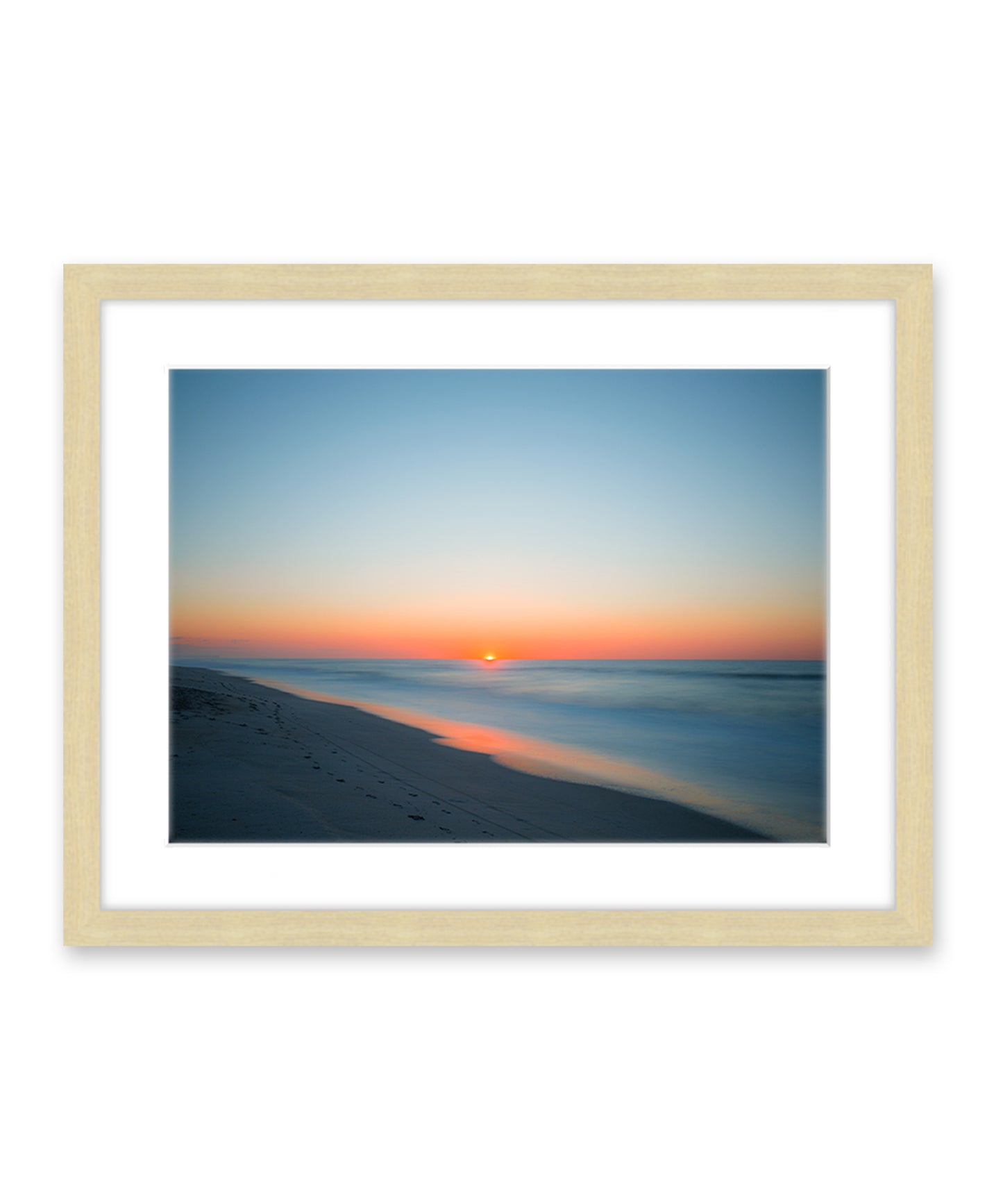 deep blue sunrise beach photograph, natural wood frame, by Wright and Roam