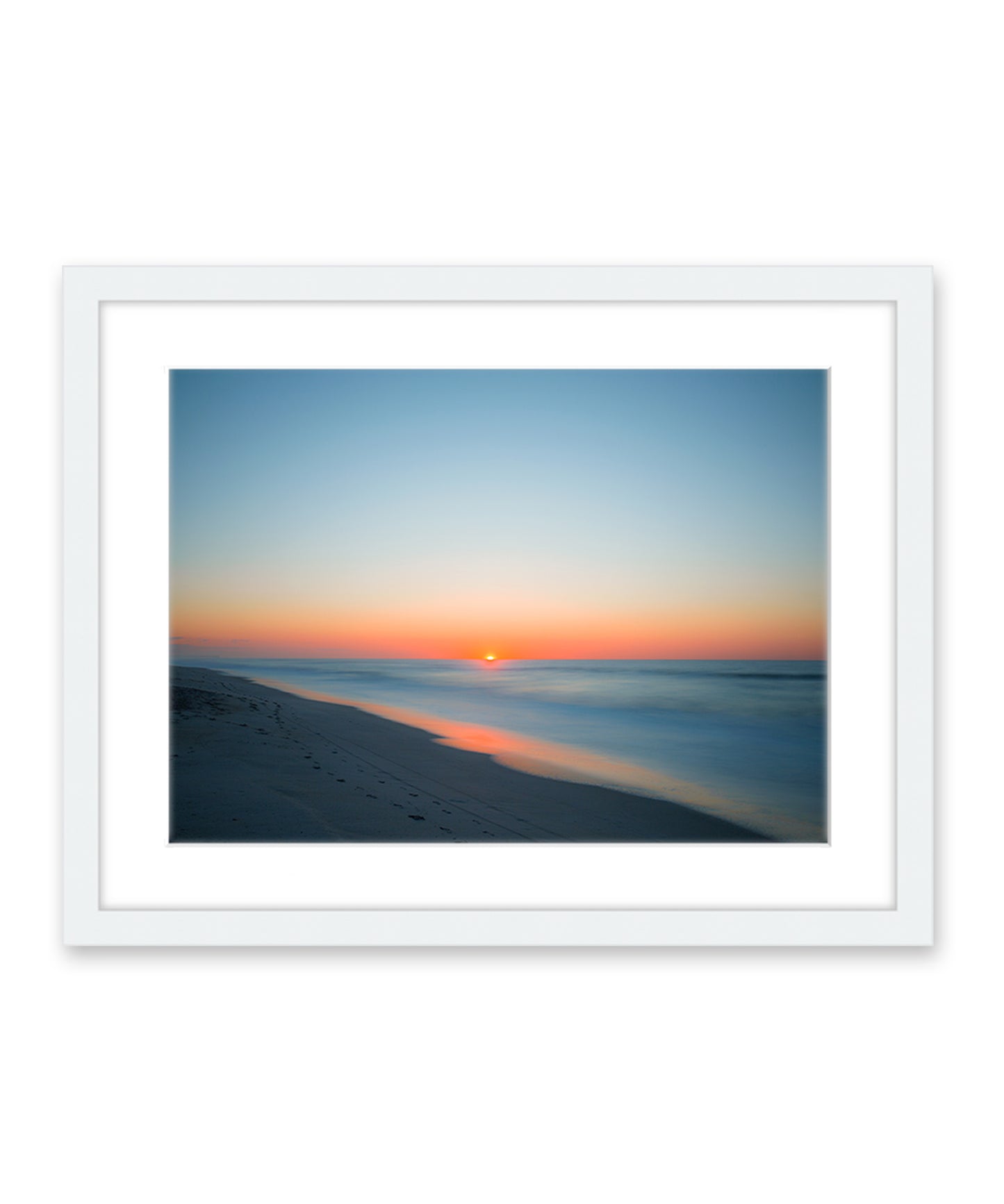 deep blue sunrise beach photograph, white wood frame, by Wright and Roam
