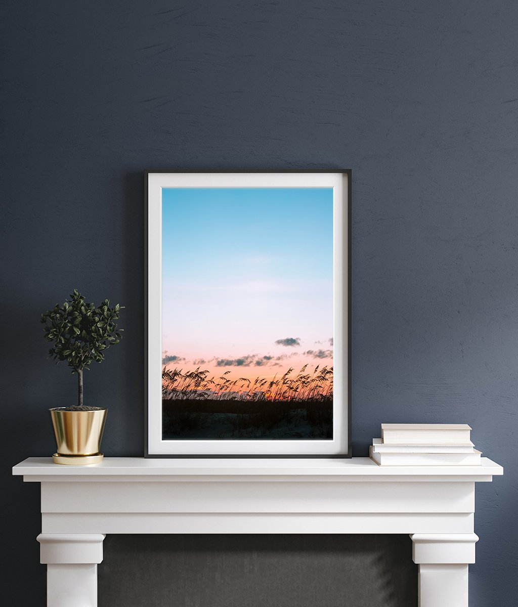 dark living room, blue sunset beach photograph framed