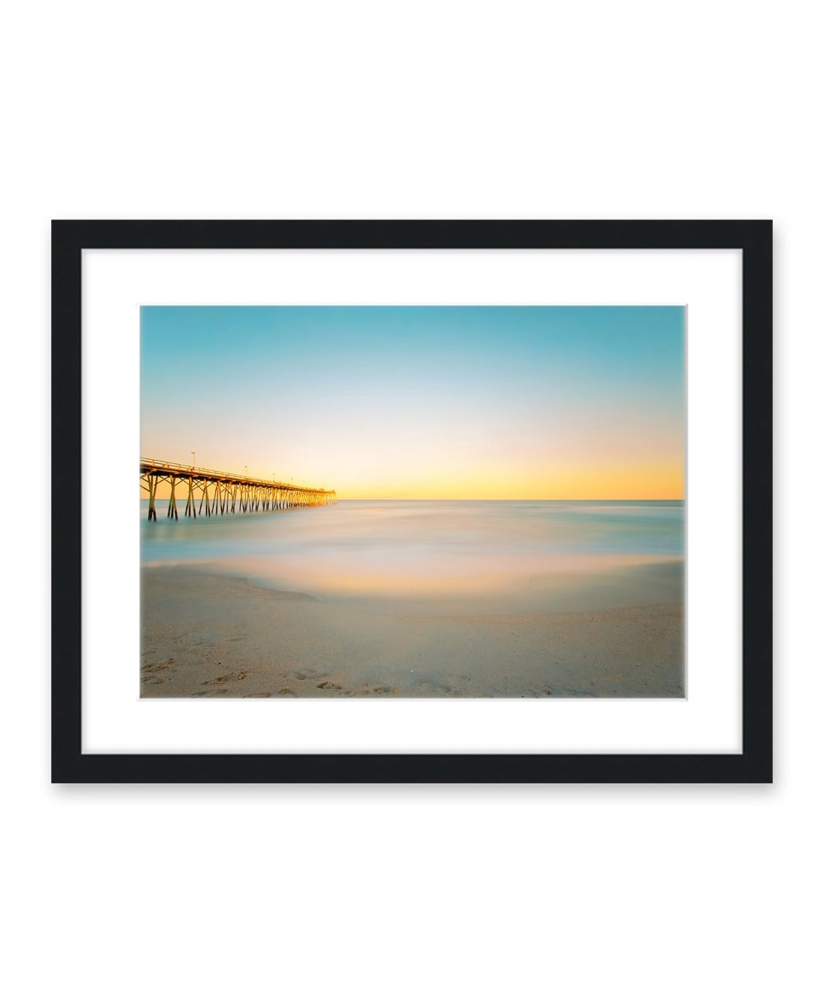 blue and yellow sunset Carolina beach photograph, black frame by Wright and Roam