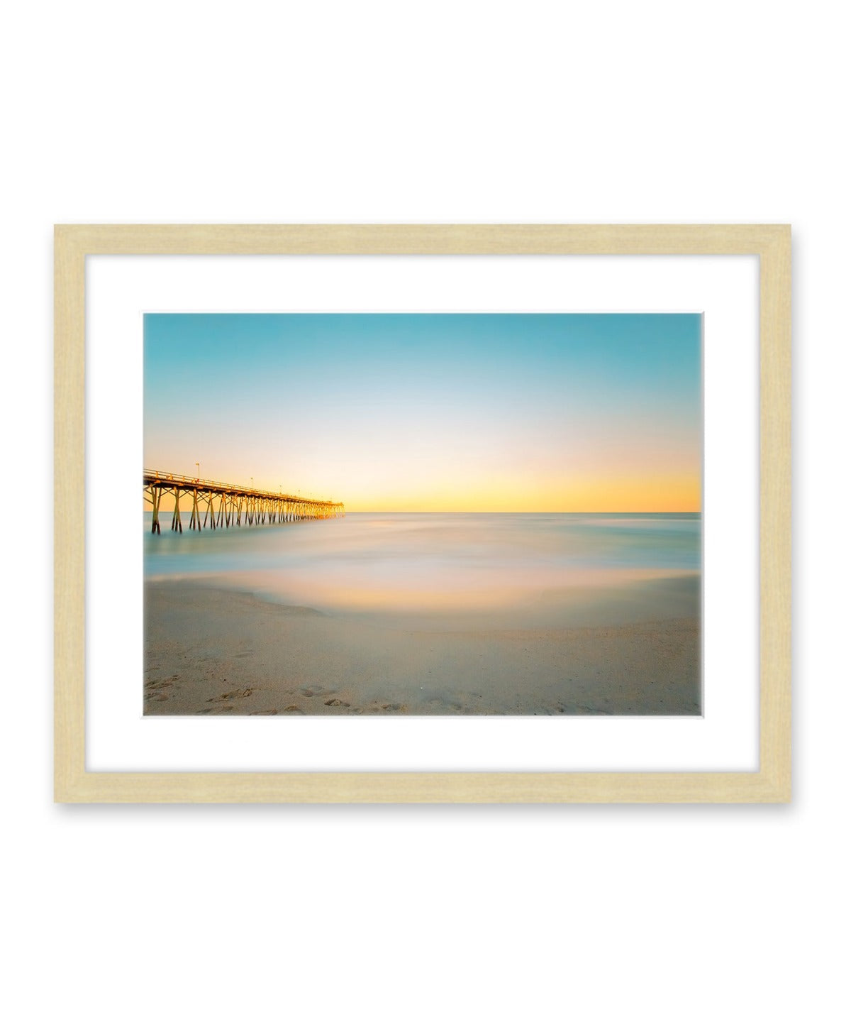 blue and yellow sunset Carolina beach photograph, natural wood frame by Wright and Roam