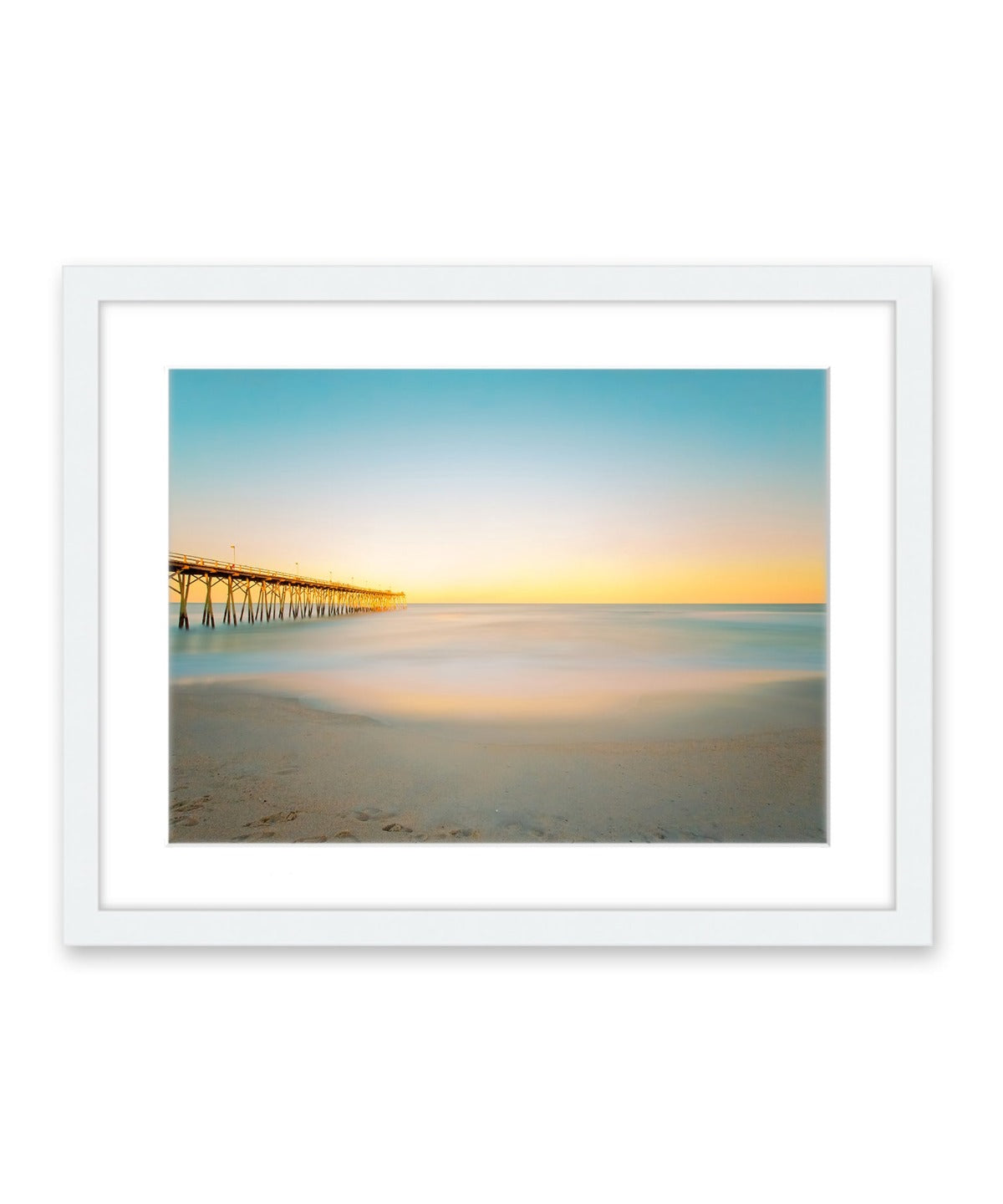 blue and yellow sunset Carolina beach photograph, white frame by Wright and Roam