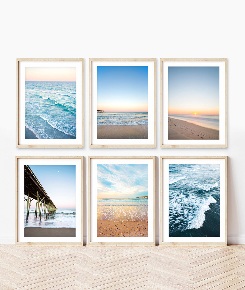 gallery wall set of six blue beach photographs by Wright and Roam