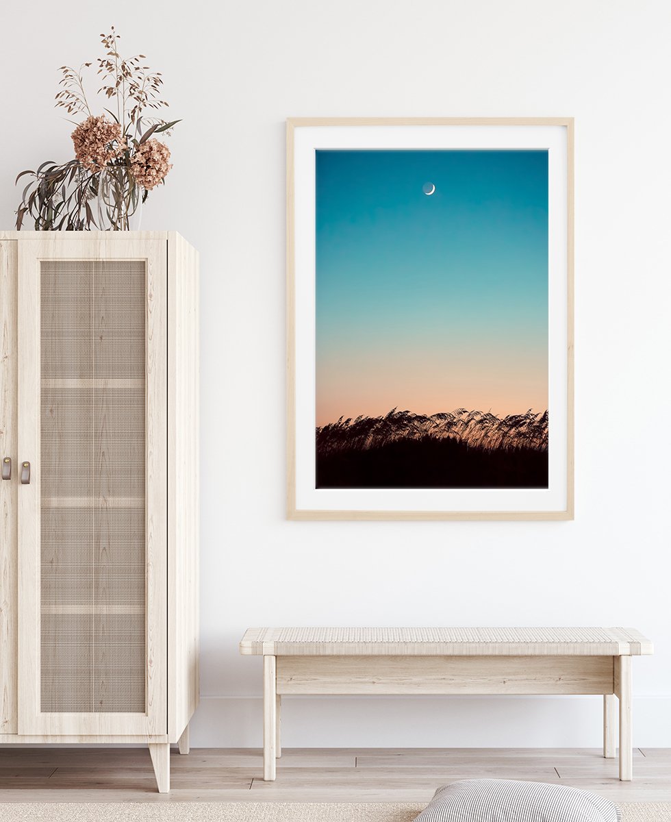 Boho Beach House Decor, Blue Sunset Beach Print Framed
