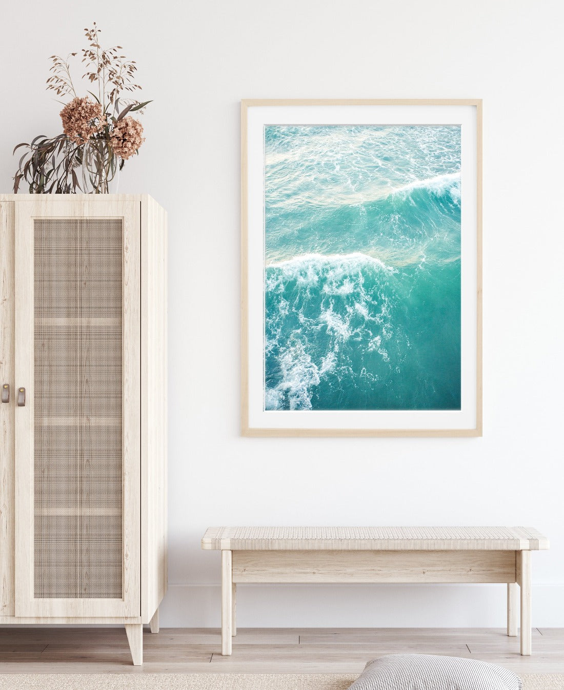 boho coastal beach house decor, aqua blue ocean waves aerial photograph