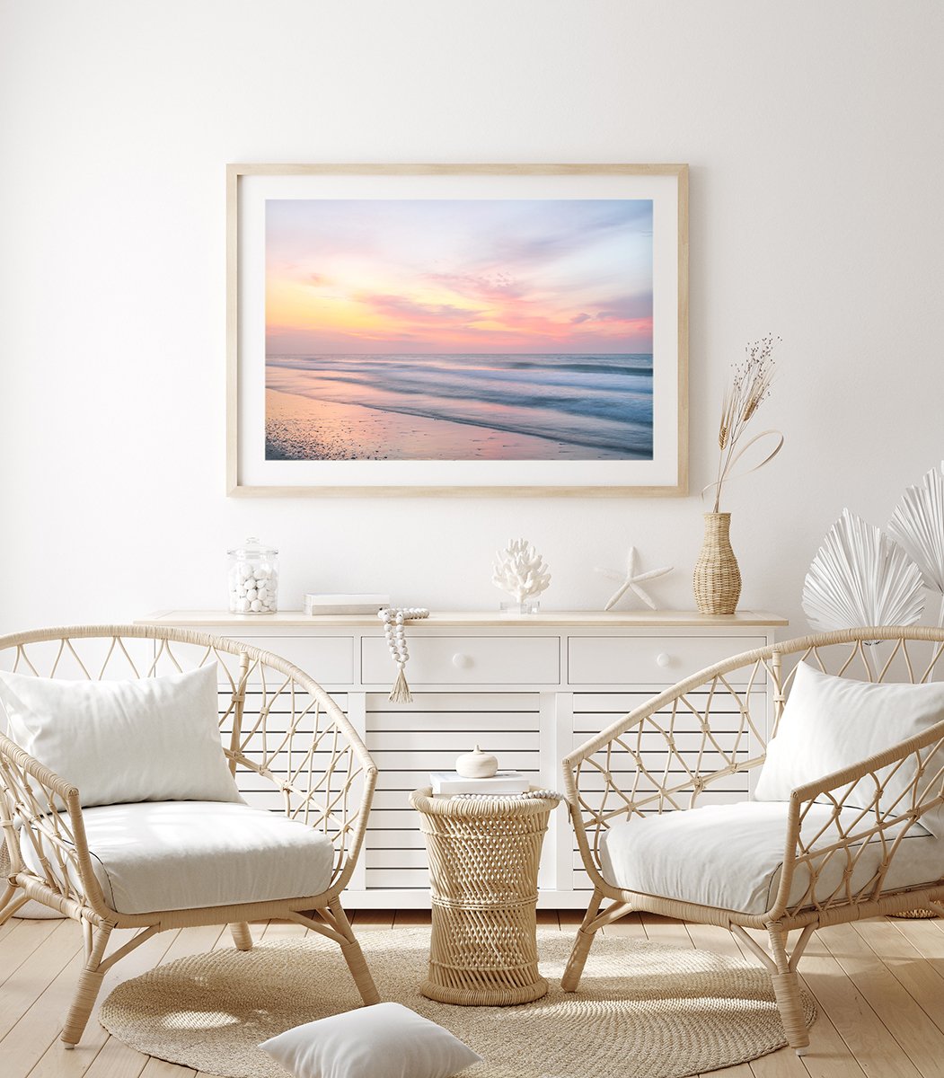 boho coastal decor featuring pastel abstract ocean waves sunrise beach photograph by Wright and Roam