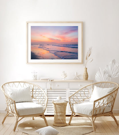 boho coastal decor featuring framed pink sunrise beach photograph by Wright and Roam