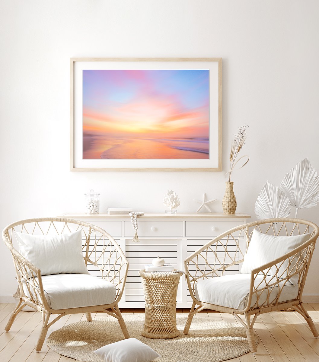 boho coastal decor featuring abstract colorful sunrise beach photograph by Wright and Roam