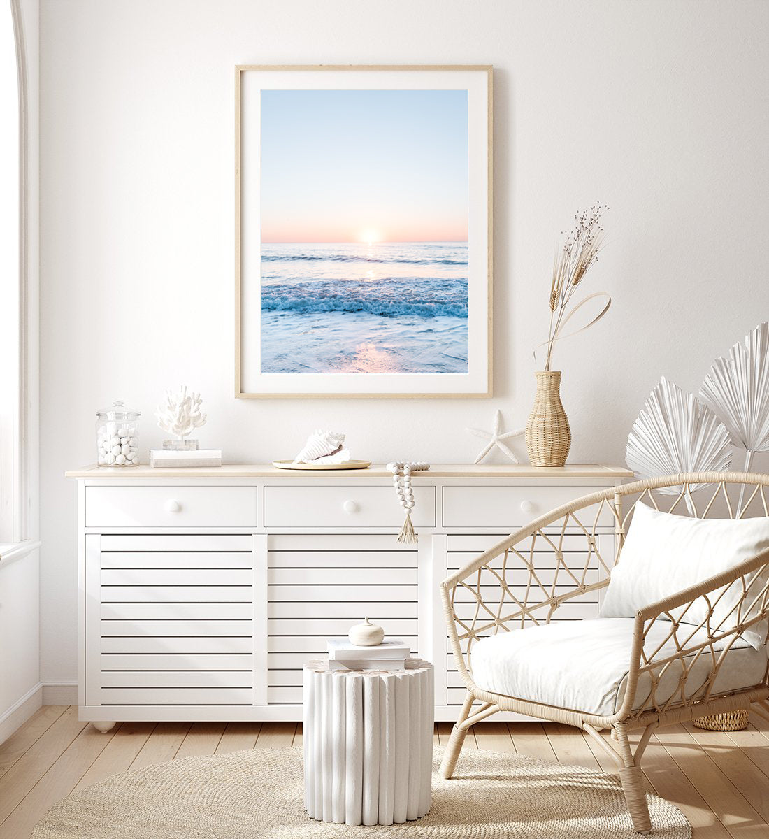 Boho-Coastal-bedroom-decor-blue-beach-photograph-wright-and-roam