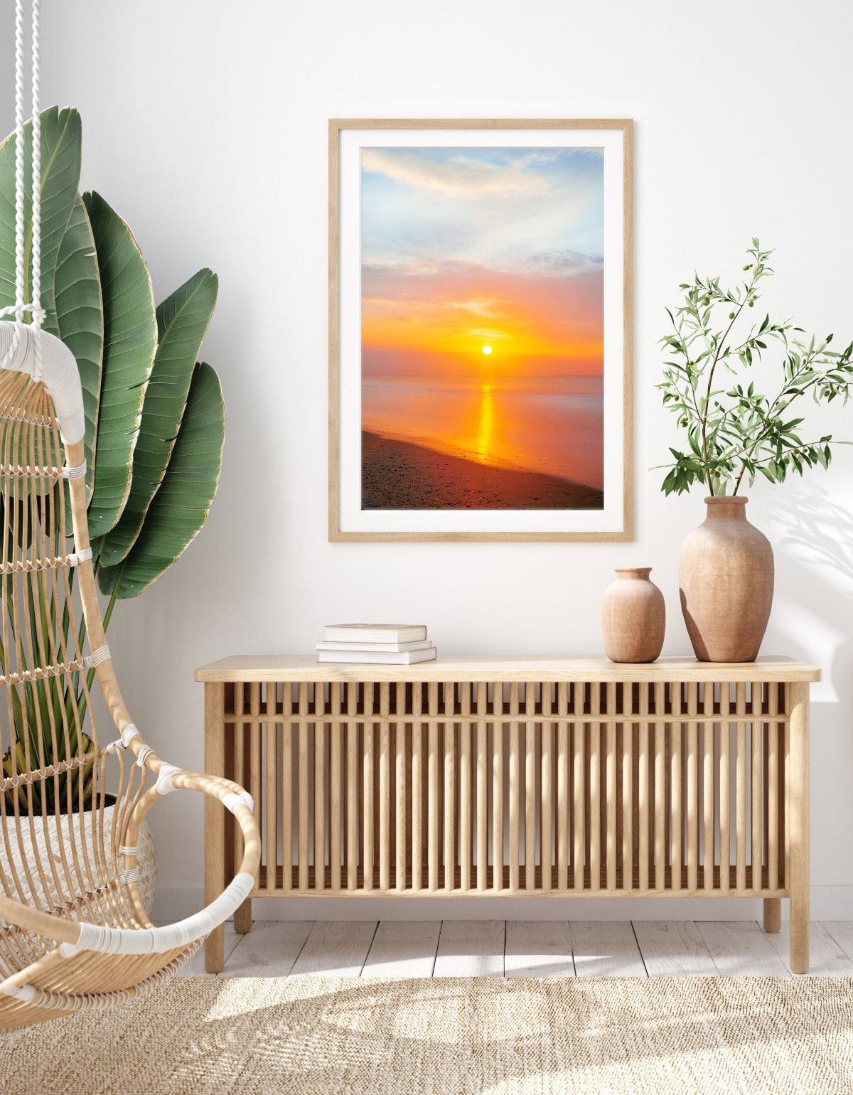 Boho Coastal Bedroom Decor, Large framed sunrise beach photograph by Wright and Roam