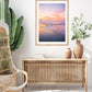 coastal boho bedroom decor, pink purple sunrise beach print