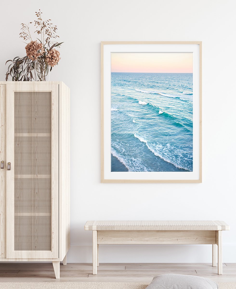 boho coastal decor, blue beach art print