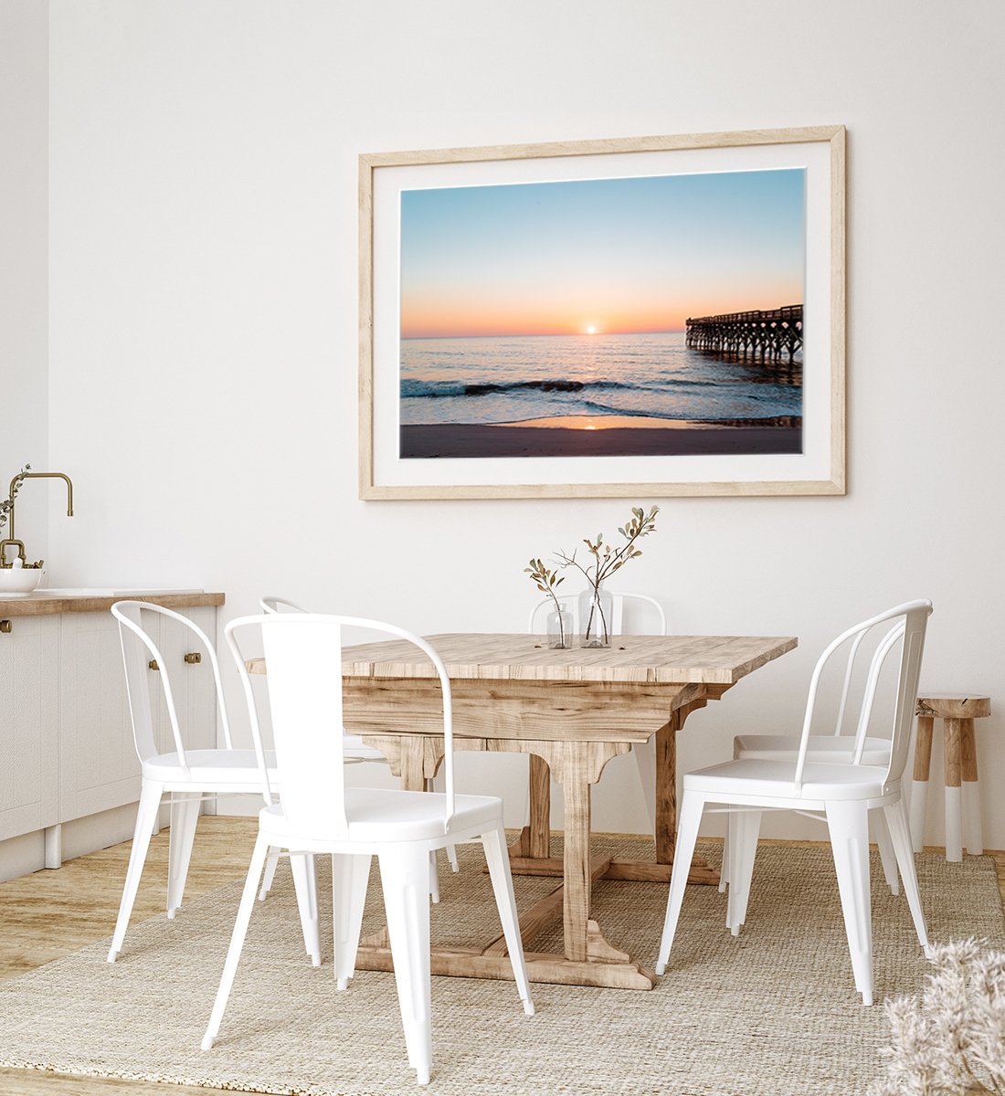 Boho Coastal Dining Room Decor, Teal Blue Sunrise Beach Photograph by Wright and Roam
