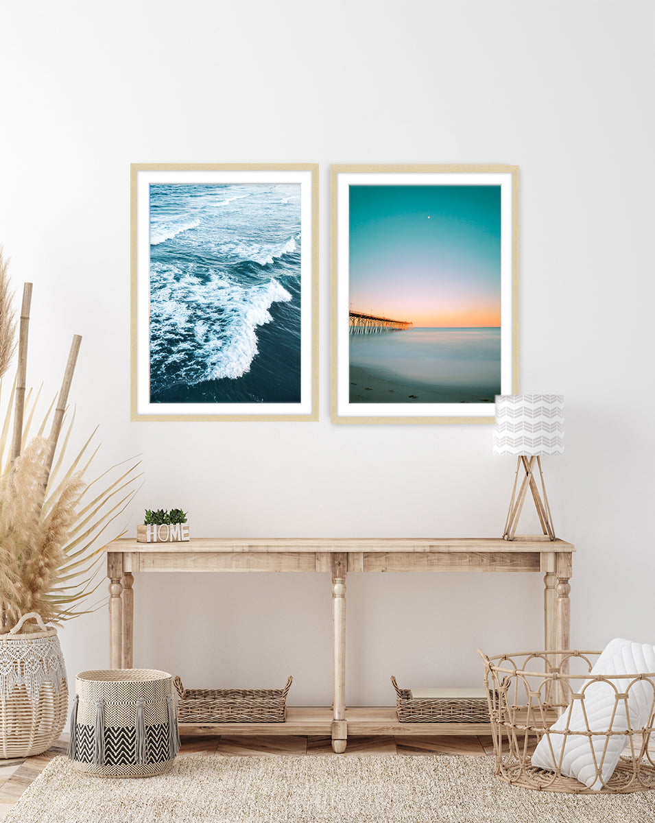 boho coastal entryway decor, set of 2 teal sunset beach photographs
