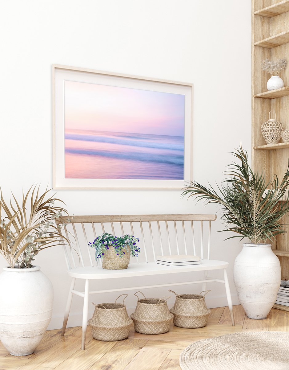 boho coastal entryway decor featuring pastel pink minimal abstract sunrise beach photograph by Wright and Roam