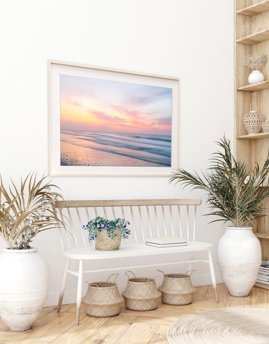boho coastal entryway decor featuring pastel abstract ocean waves sunrise beach photograph by Wright and Roam