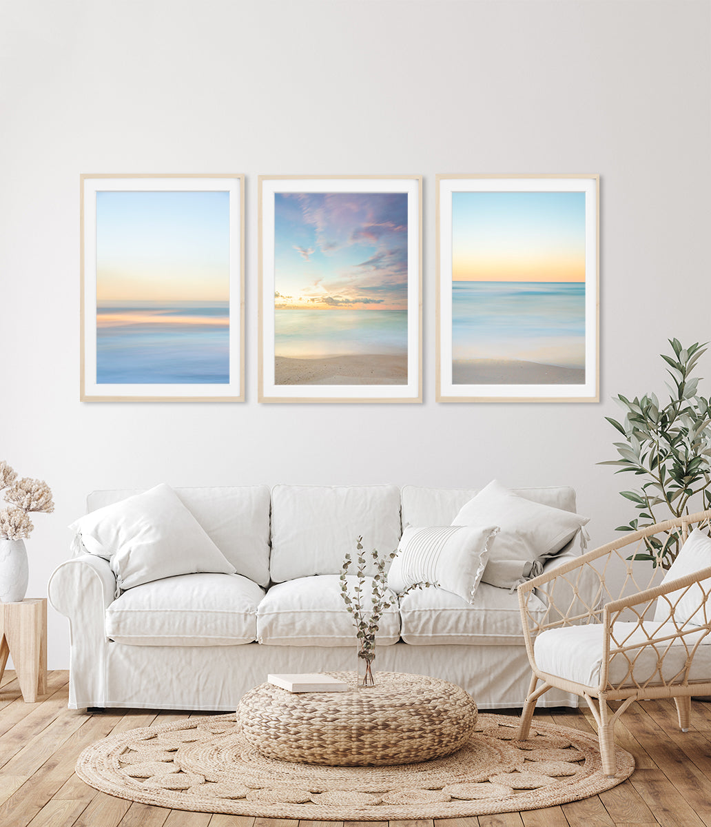 boho coastal living room decor, set of 3 pastel abstract beach prints