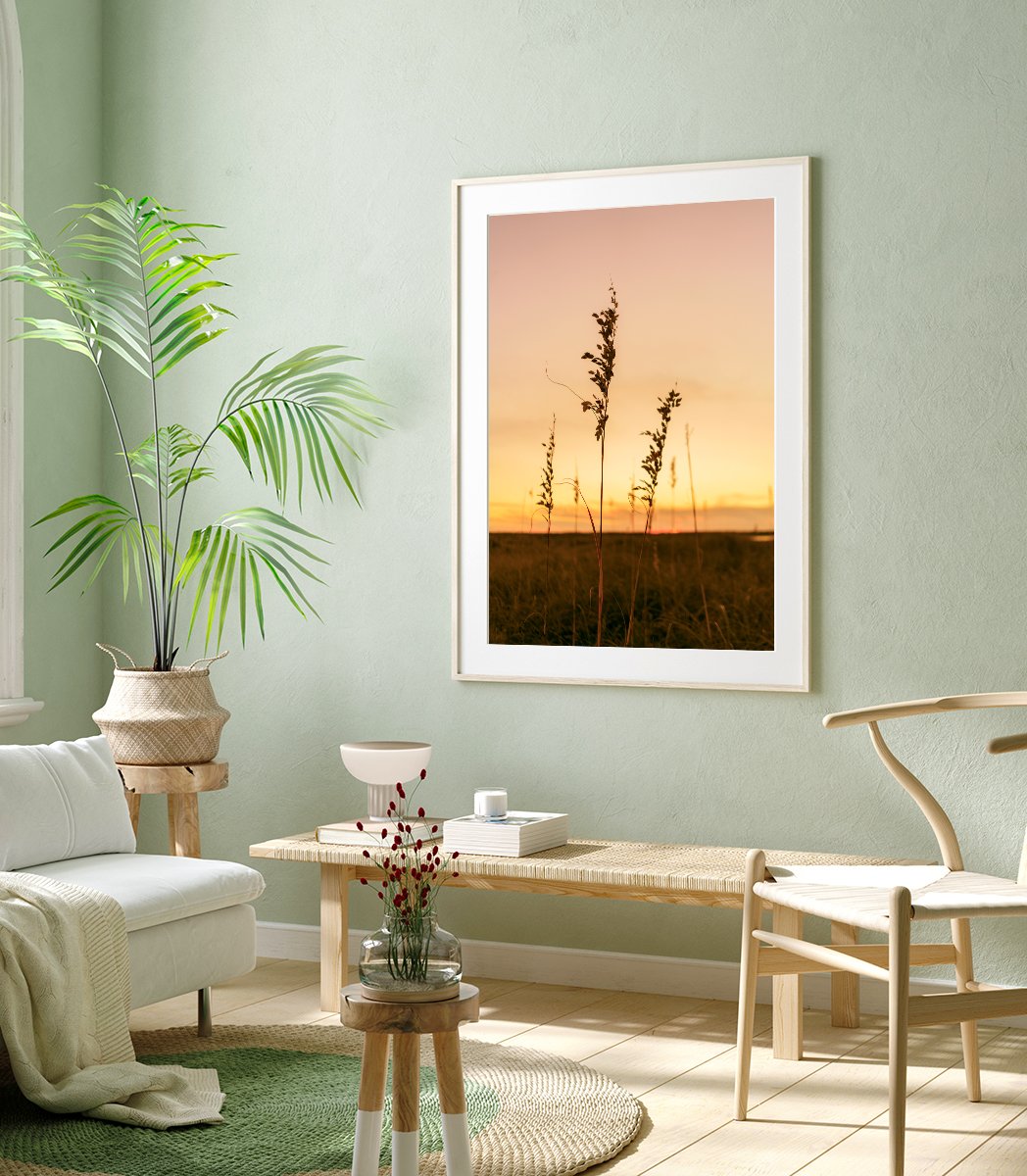 Boho Coastal Living Room Decor, Sunset Seagrass Beach Print by Wright and Roam
