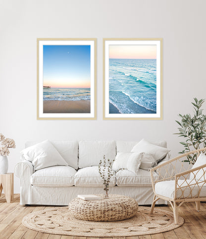 boho coastal living room decor, set of 2 blue beach photographs